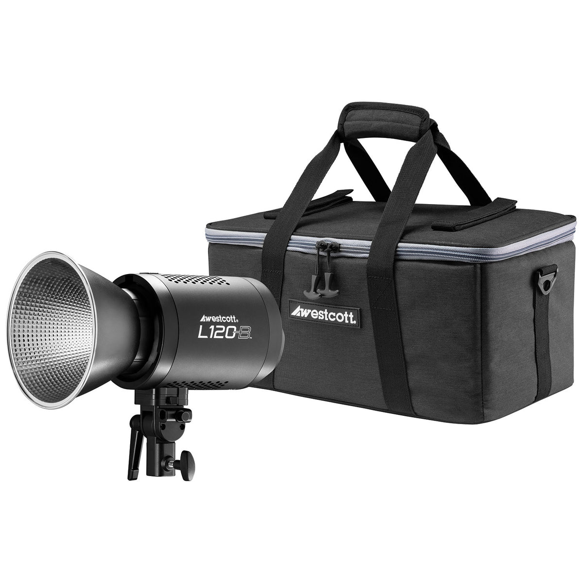 A black portable 120W bi-color COB LED light with a 45° Ultra Reflector, a dimming panel, and a carrying case. The light has a black exterior and a metal tilter bracket.