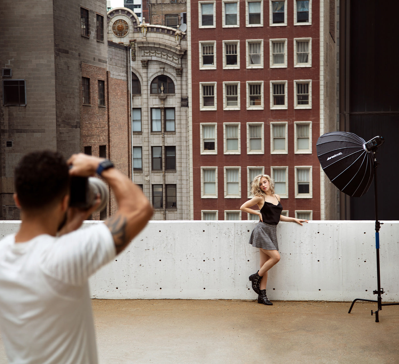 Manny Ortiz Taking Outdoor Portrait of Woman Using Manny Ortiz Beauty Dish