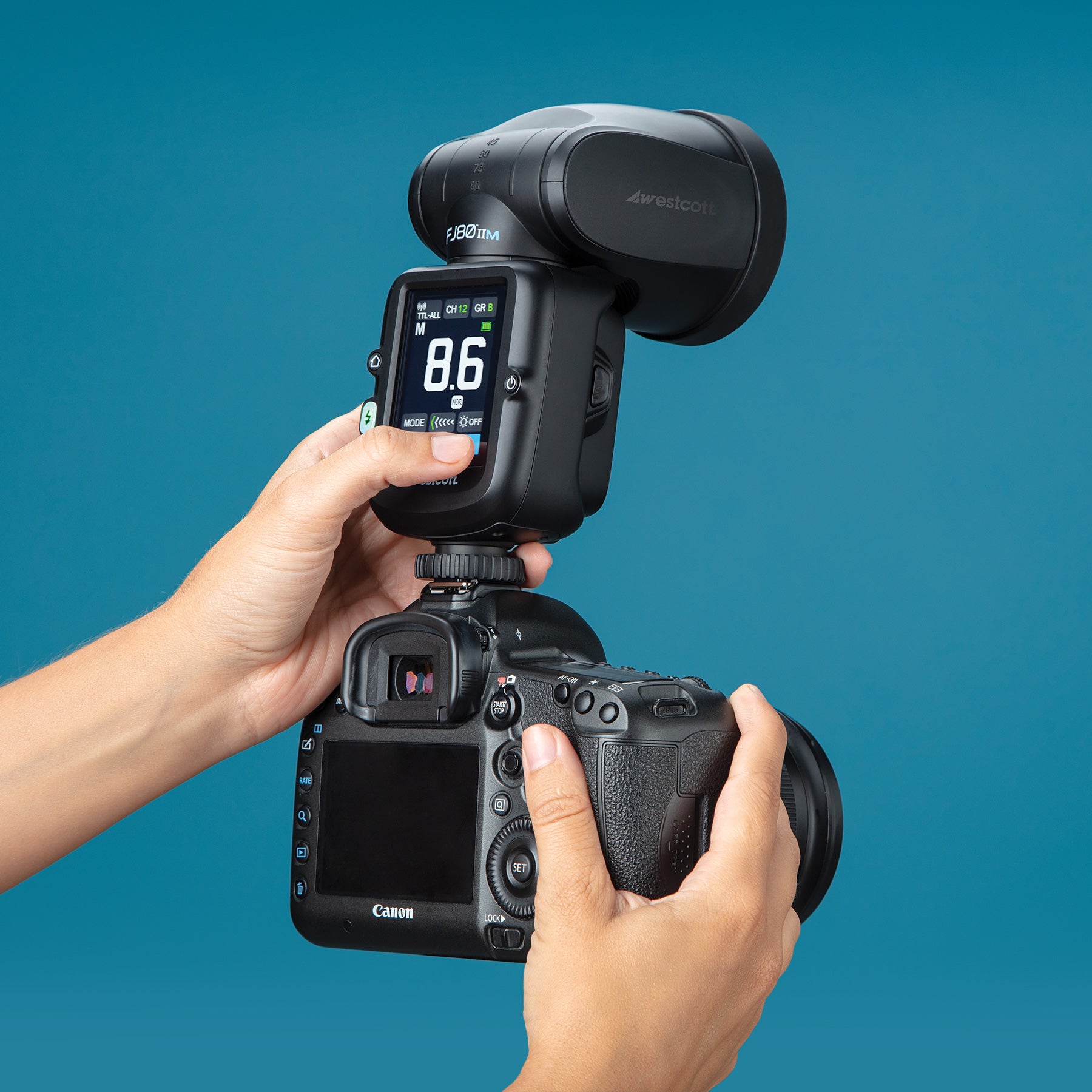 FJ80 II M Speedlight Attached to Camera With Back Screen In Use