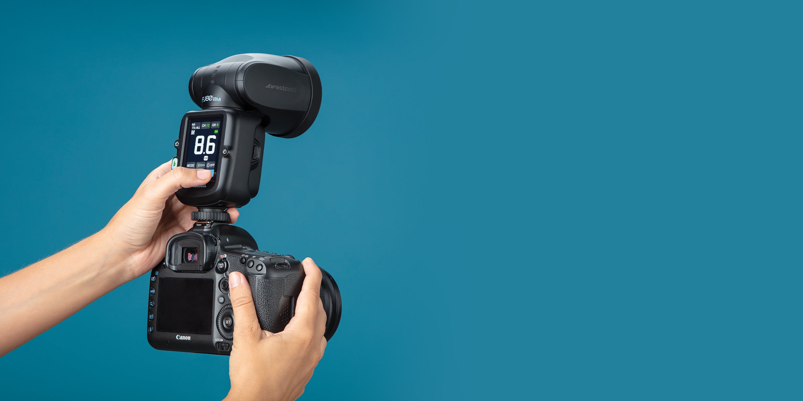 FJ80 II M Speedlight Attached to Camera With Back Screen In Use