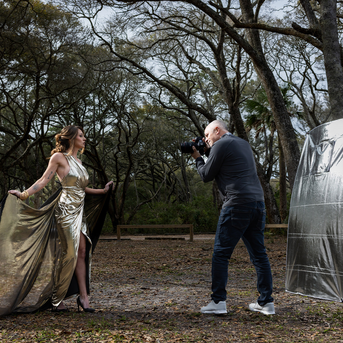 Model being photographed by Sal Cincotta using the Fusion light control system silver reflective panel