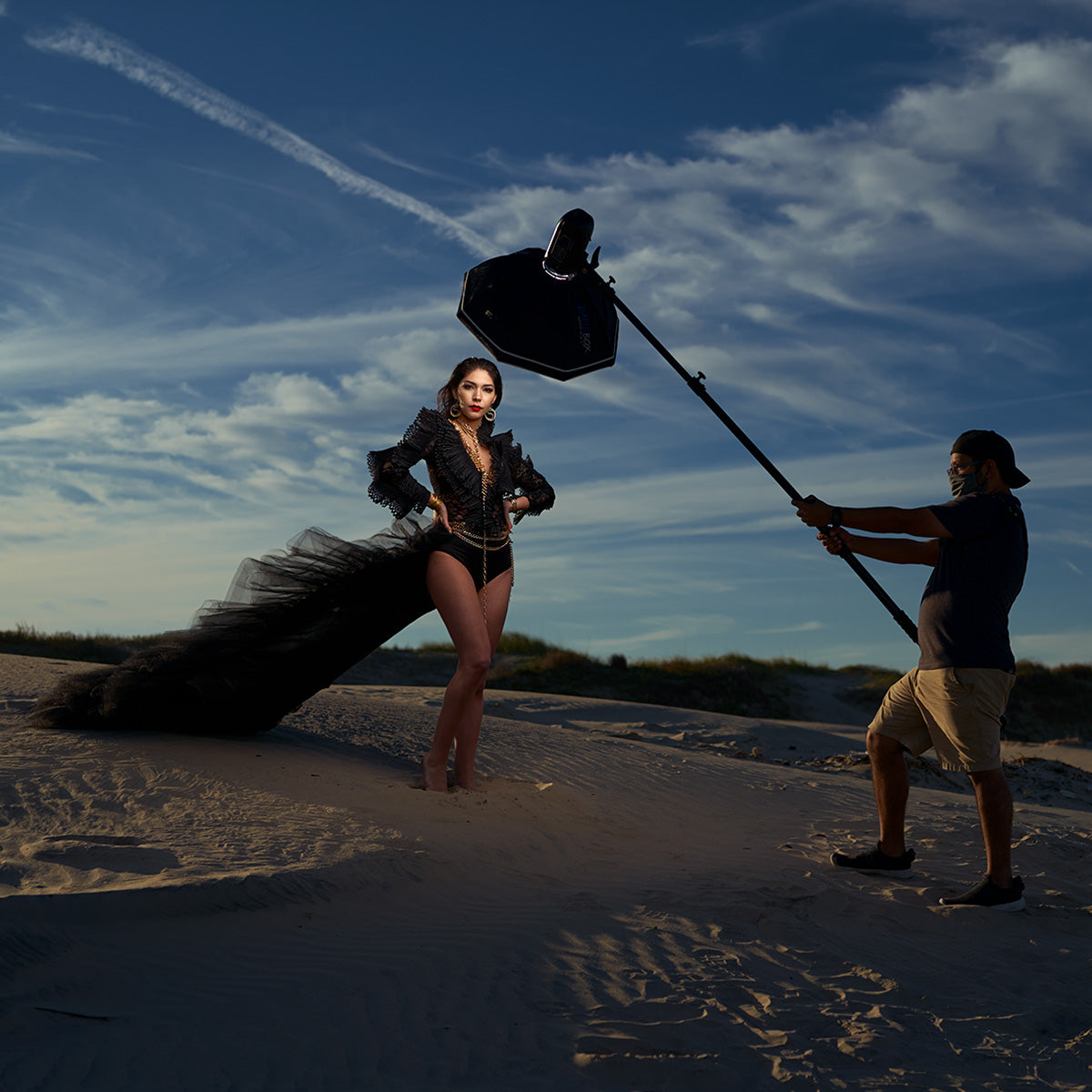 fj400 strobe in rapid box switch octa-s softbox for portrait on sandy beach