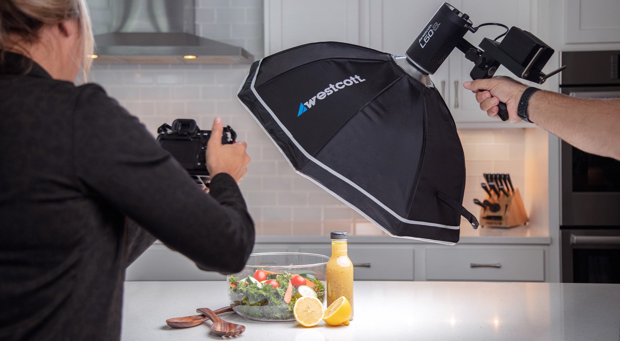 L60-B LED COB with Portable Battery Grip Used in Kitchen for Food Photography