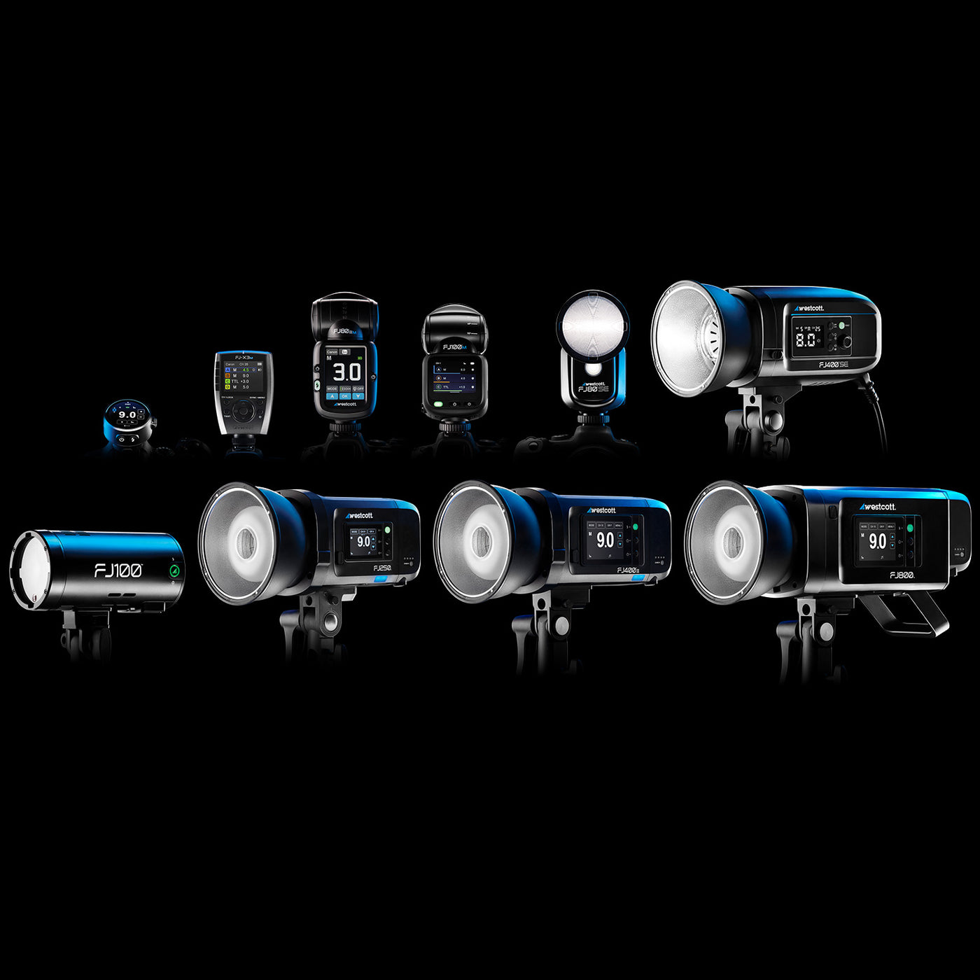 The lineup of Westcott flash units (FJ800, FJ400 II, FJ400-SE, FJ250, FJ100 Strobes) and matching Triggers (FJ-X3, FJ-T1), Speedlights (FJ80 II, FJ80-SE, FJ100) on a reflective black background.