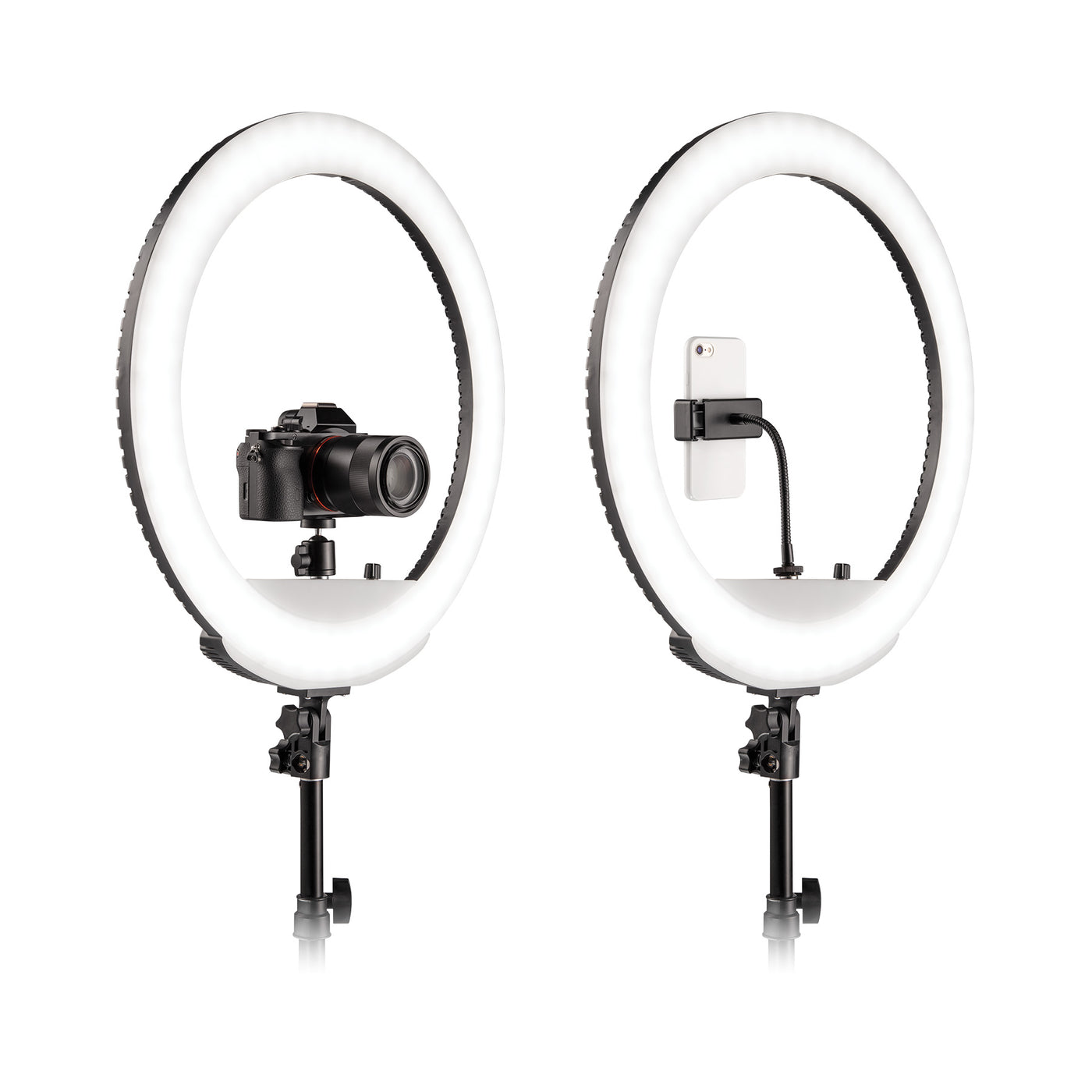 ring light showing dslr camera and phone mounted