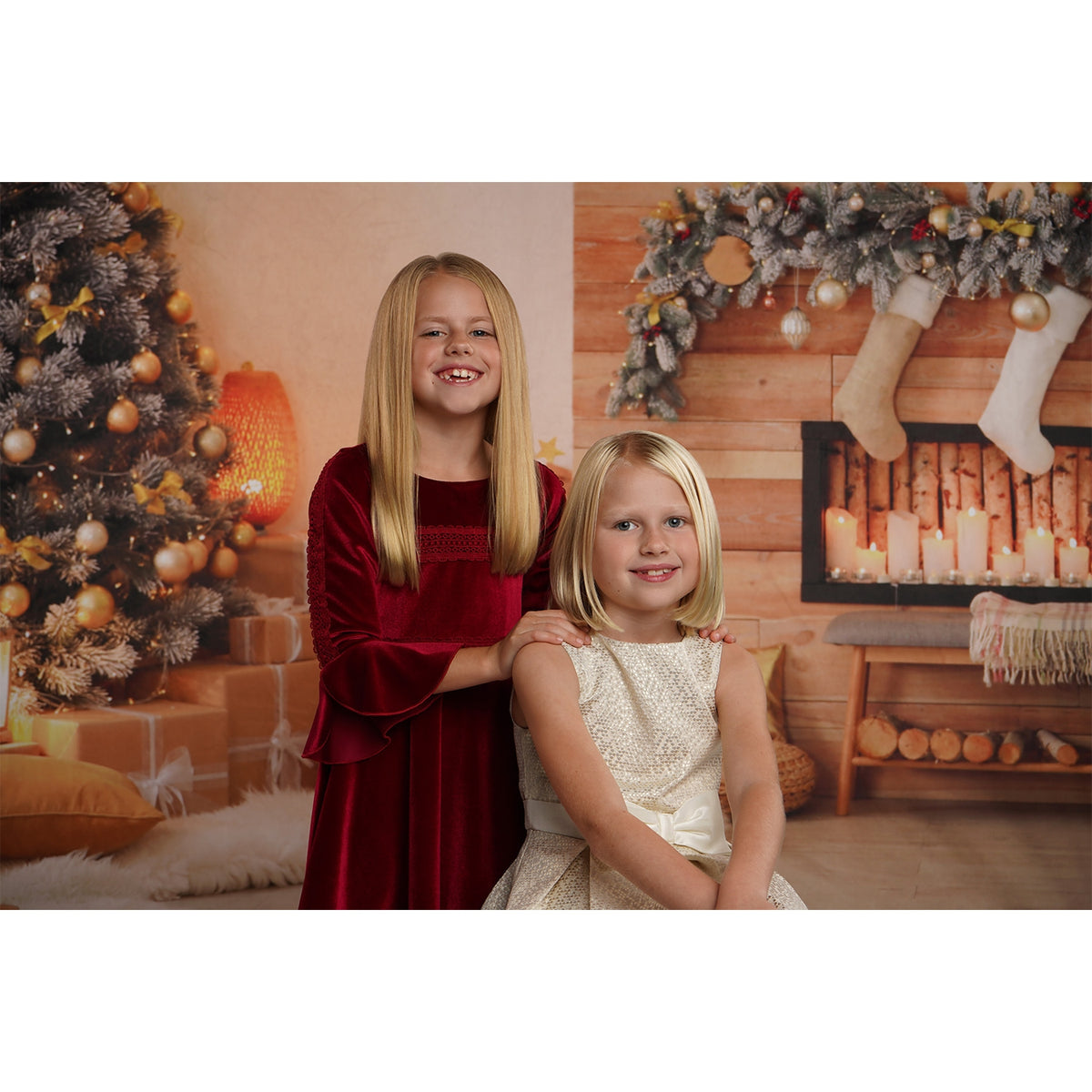 X-Drop Pro Fabric Backdrop - Christmas Tree and Cozy Fireplace (8' x 8')