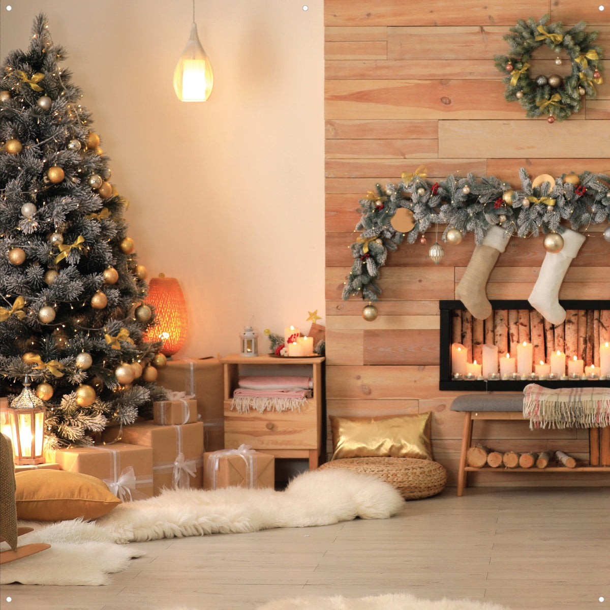 X-Drop Pro Fabric Backdrop - Christmas Tree and Cozy Fireplace (8' x 8')